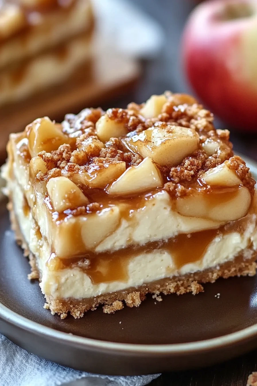 caramel apple cheesecake bars displayed flatlay style