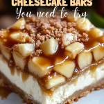 Golden caramel apple cheesecake bars on parchment squares