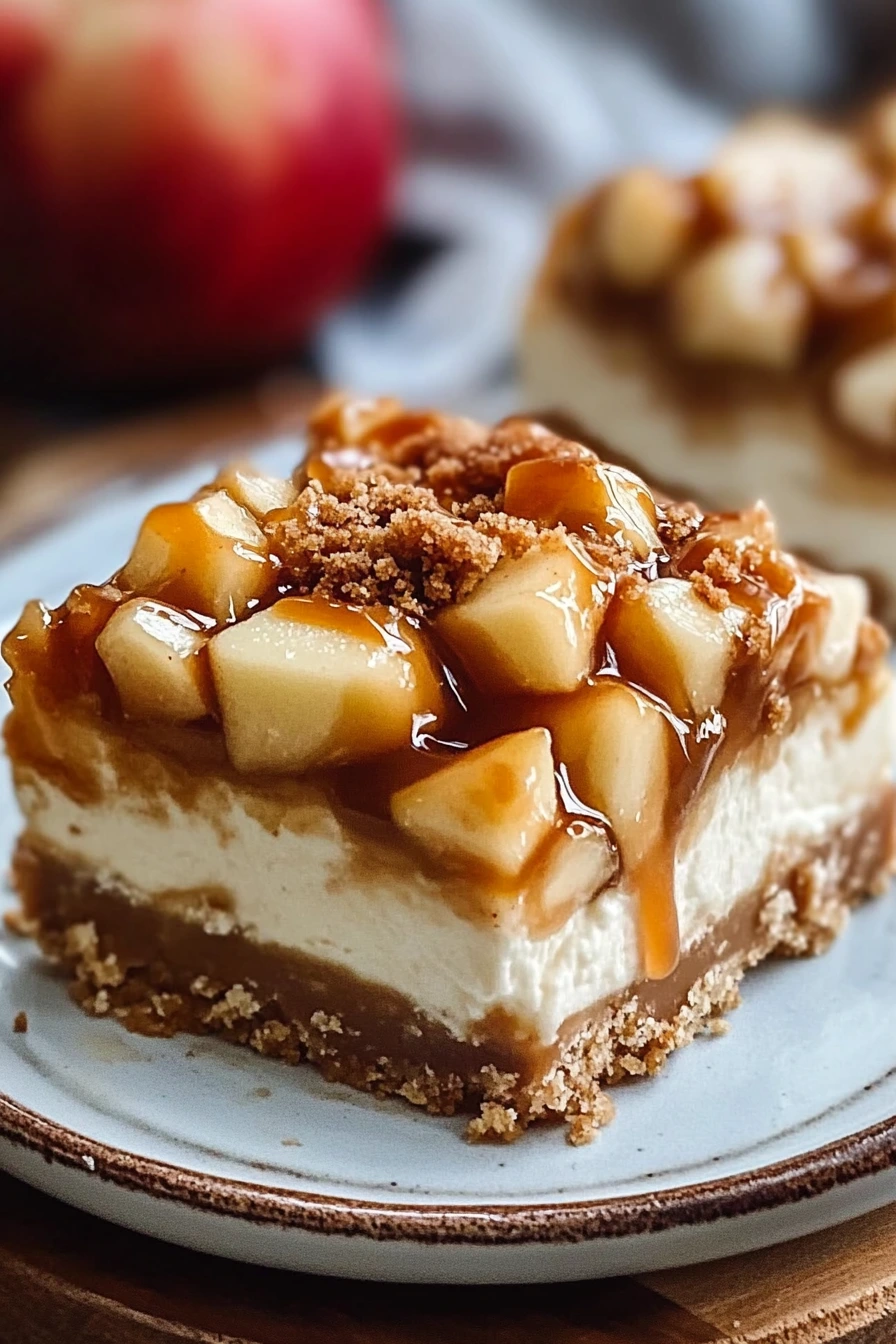 Slices of caramel apple cheesecake bars on plates with forks