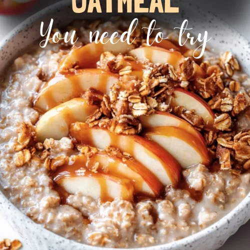Warm bowl of caramel apple oatmeal with apple slices and caramel drizzle.