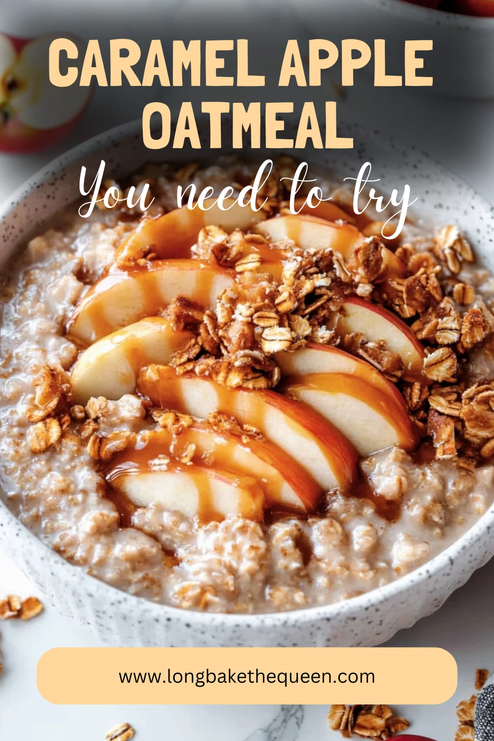 Warm bowl of caramel apple oatmeal with apple slices and caramel drizzle.