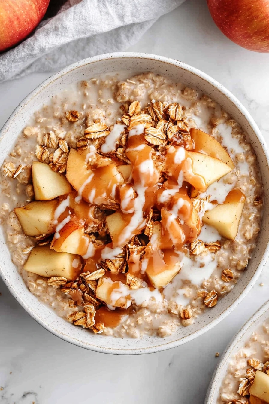 caramel apple oatmeal on marble
