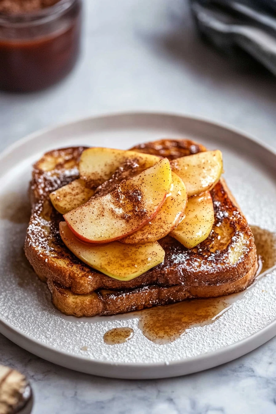 Served plate of cinnamon apple french toast with steaming apples