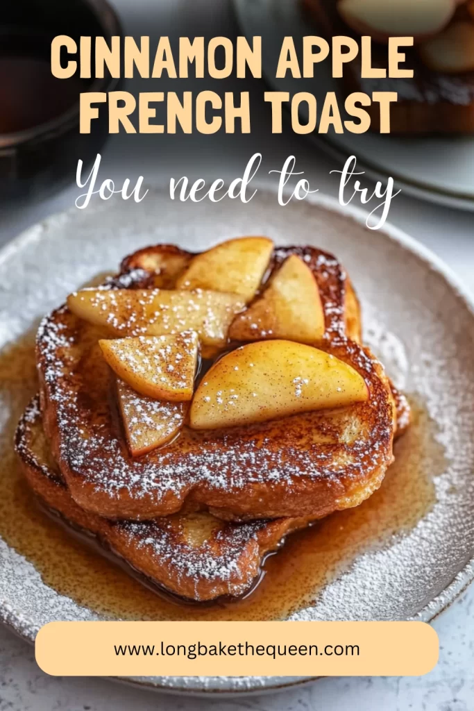 Golden cinnamon apple french toast served with sliced apples.