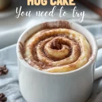 Warm cinnamon roll mug cake topped with glaze in white mug