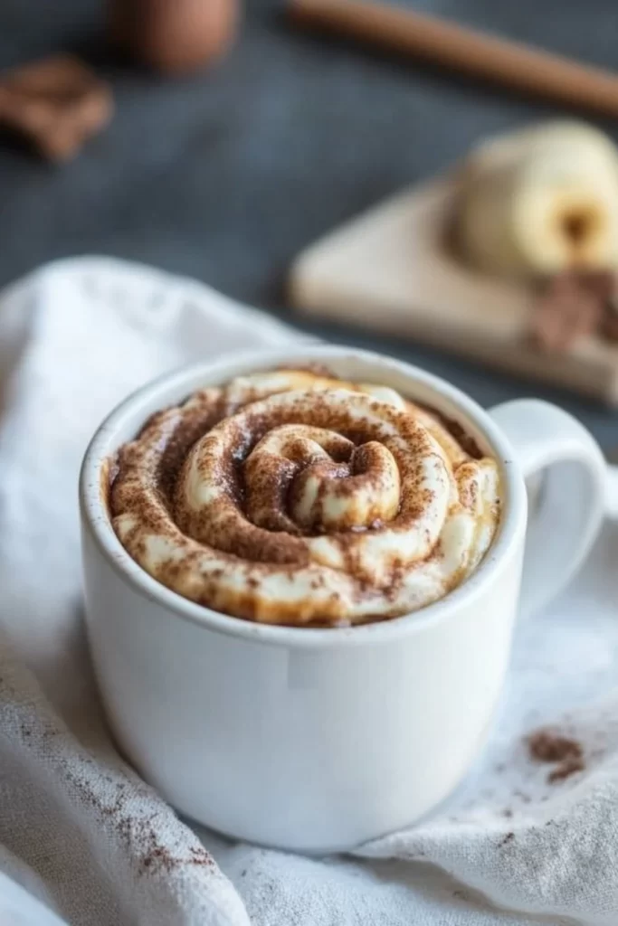 Served cinnamon roll mug cake with glaze in a cozy setting