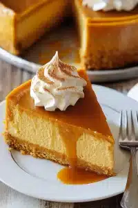 Pumpkin cheesecake on marble table.