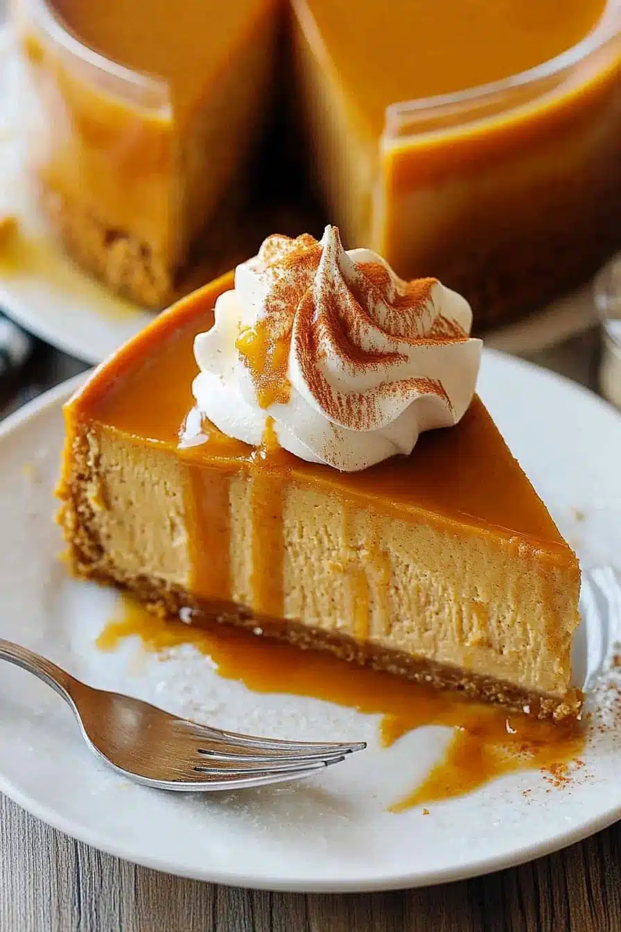 Slice of pumpkin cheesecake served with whipped cream.