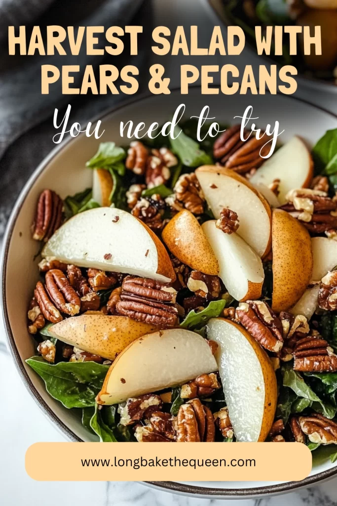 Colorful bowl of harvest salad pears pecans with greens and cheese.