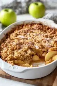 Serving of apple crumble with a scoop of vanilla ice cream