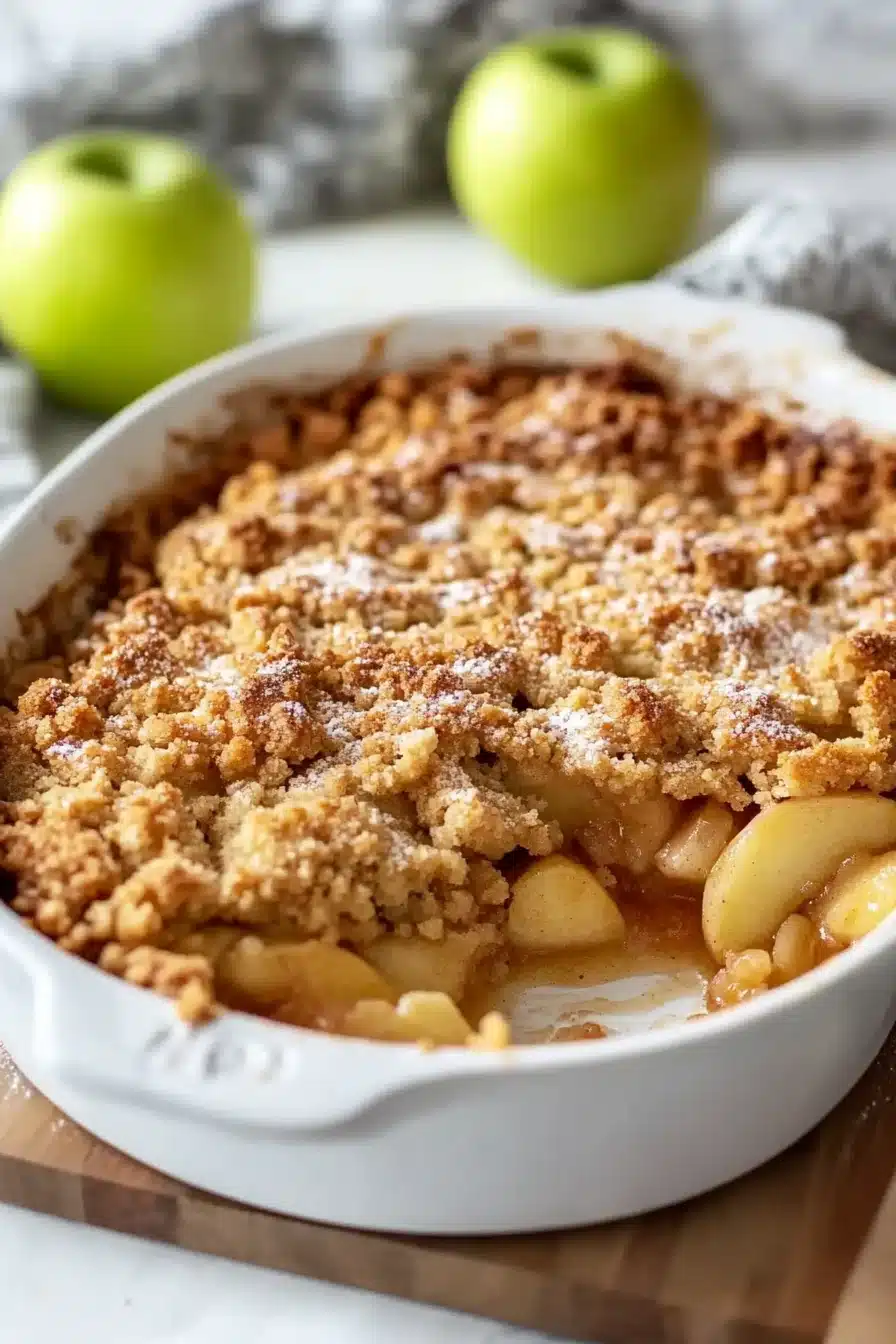Serving of apple crumble with a scoop of vanilla ice cream