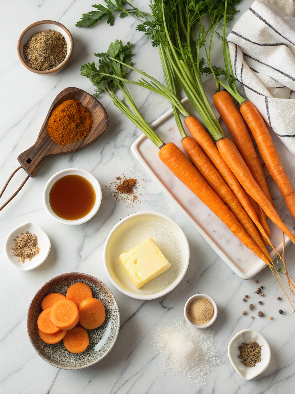 Ingredients arranged for maple roasted carrots recipe on marble