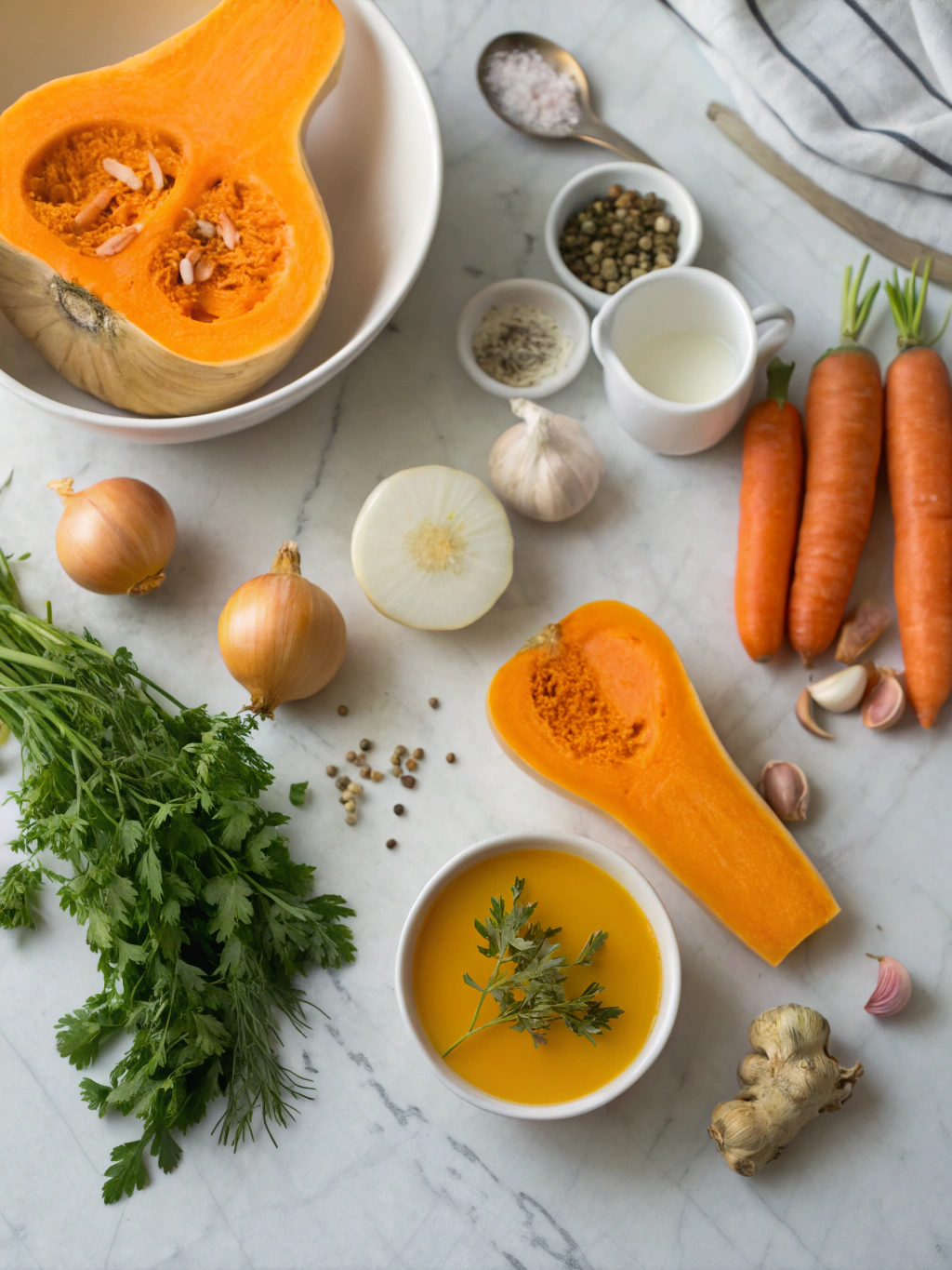 Ingredients for butternut squash soup laid flat on marble surface
