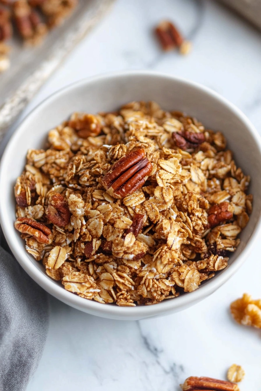 Maple pecan granola ingredients like oats, syrup, and nuts.