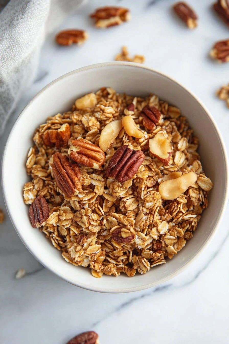 Serving of maple pecan granola with yogurt and berries on a table.