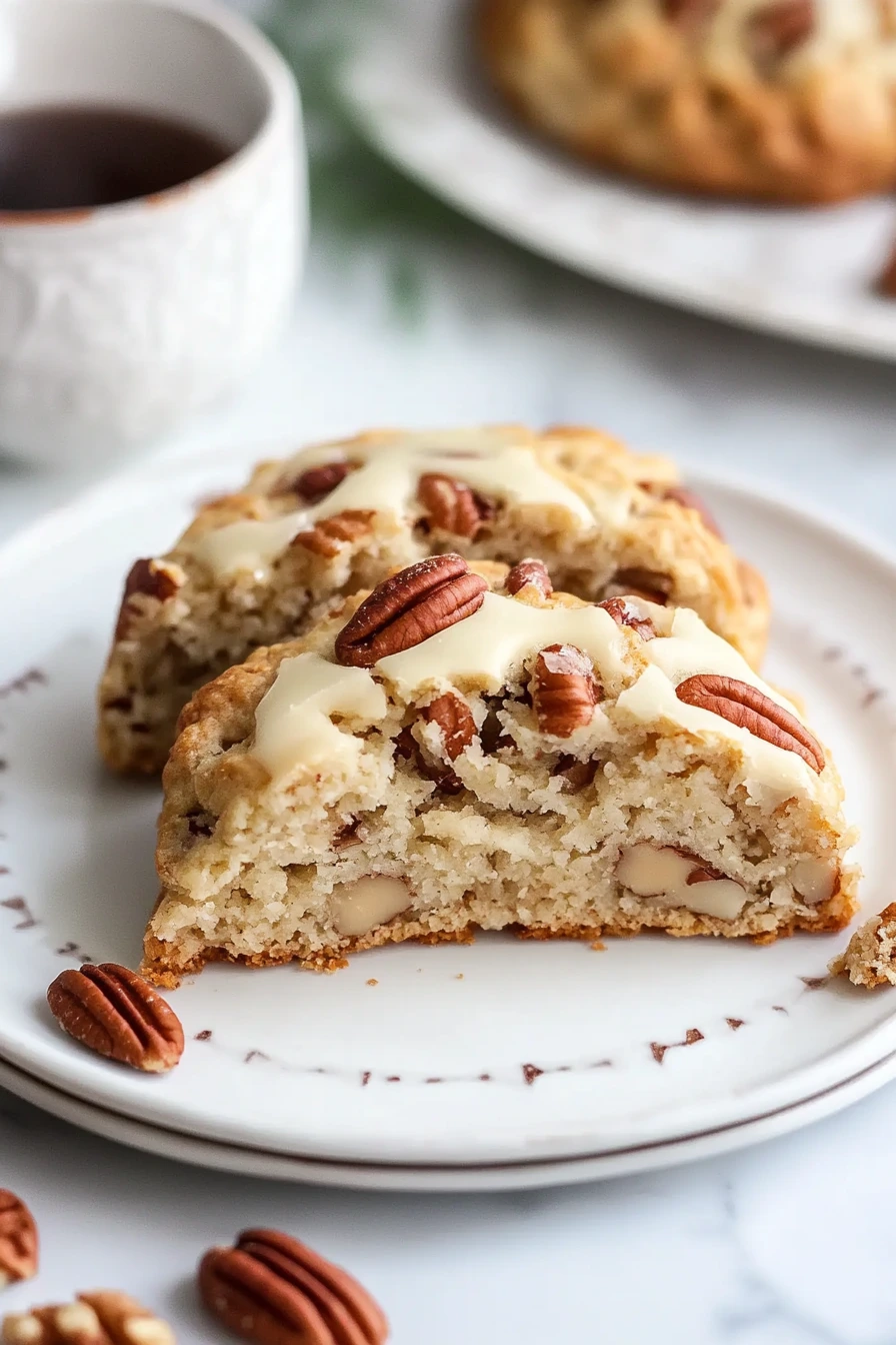Maple pecan scones served on a ceramic plate with a cup of tea