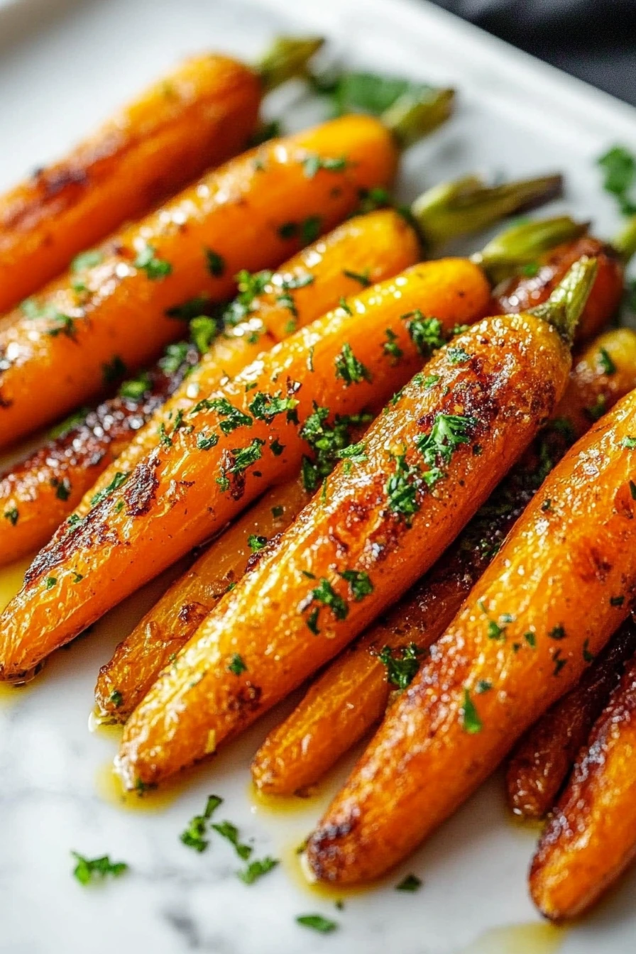 Serving bowl of maple roasted carrots with thyme garnish