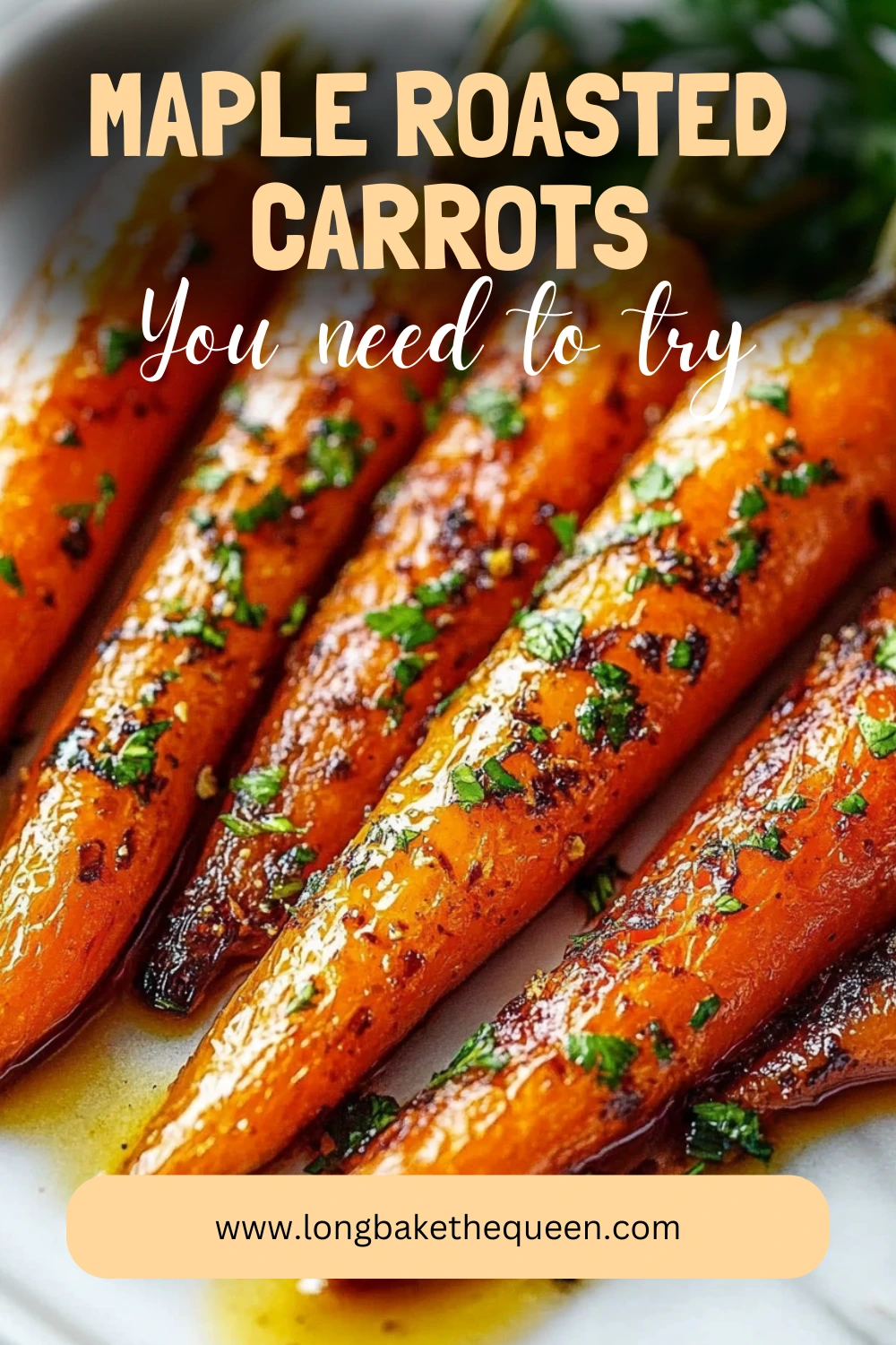 Golden maple roasted carrots glistening with caramel glaze on tray