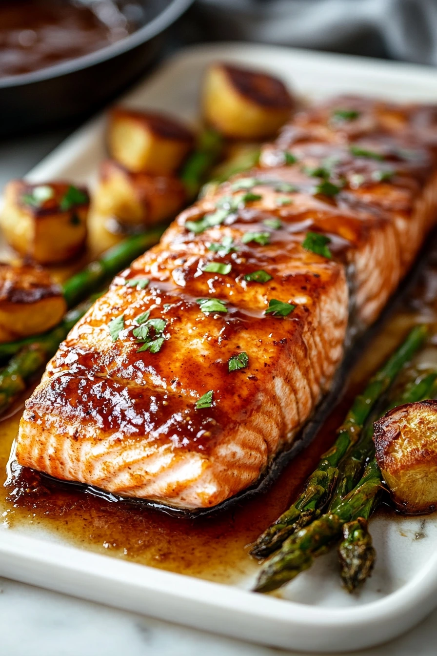 maple glazed salmon ingredients on marble surface.