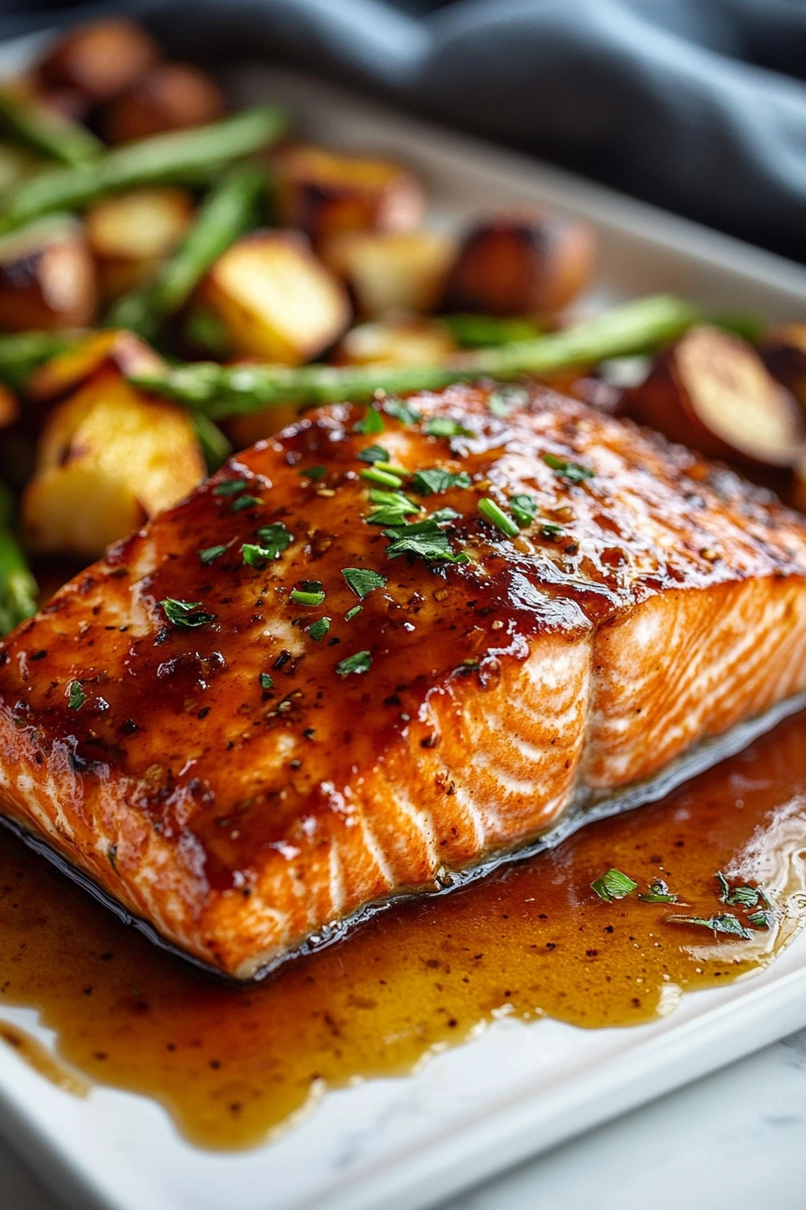 Maple glazed salmon served with roasted vegetables on a dinner table.