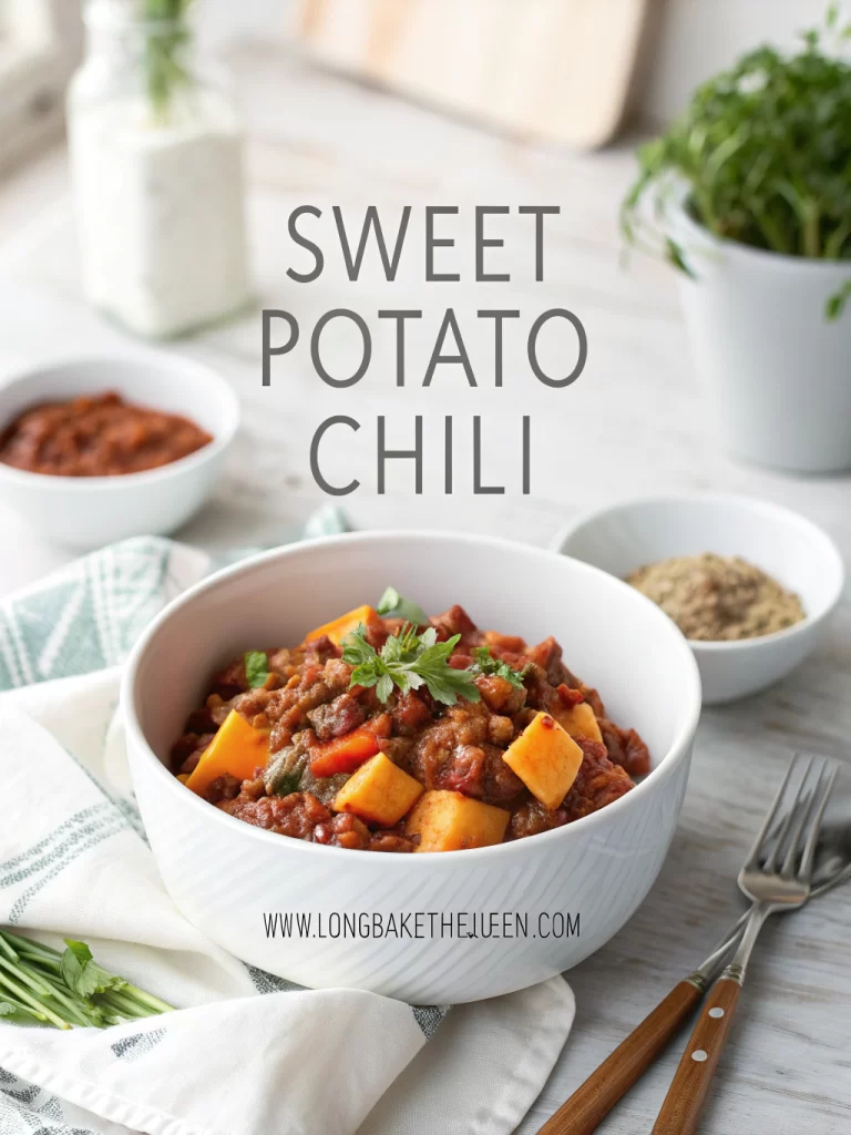 Bowl of hearty sweet potato chili with toppings and steam