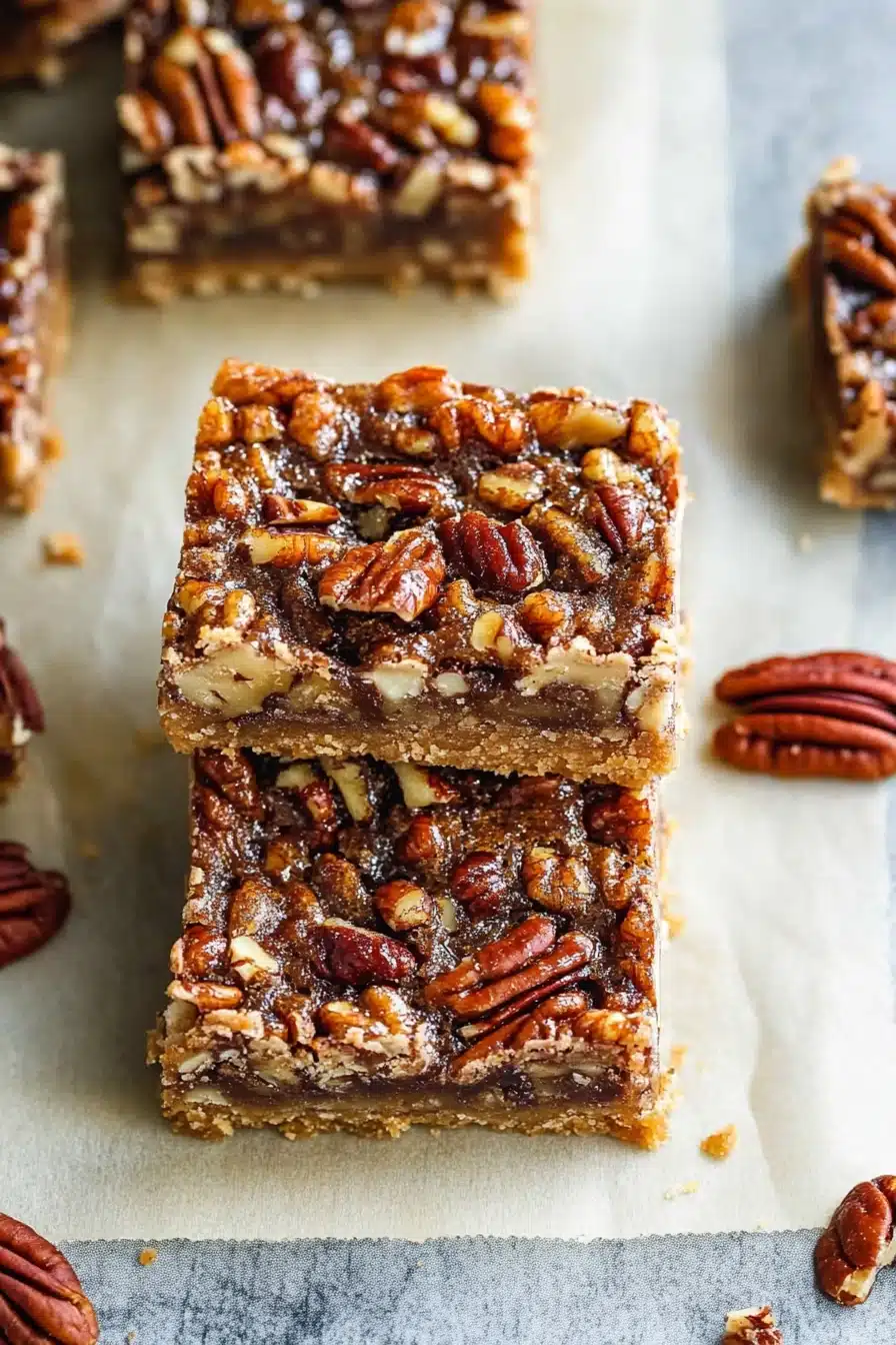 Pecan pie bars on marble surface