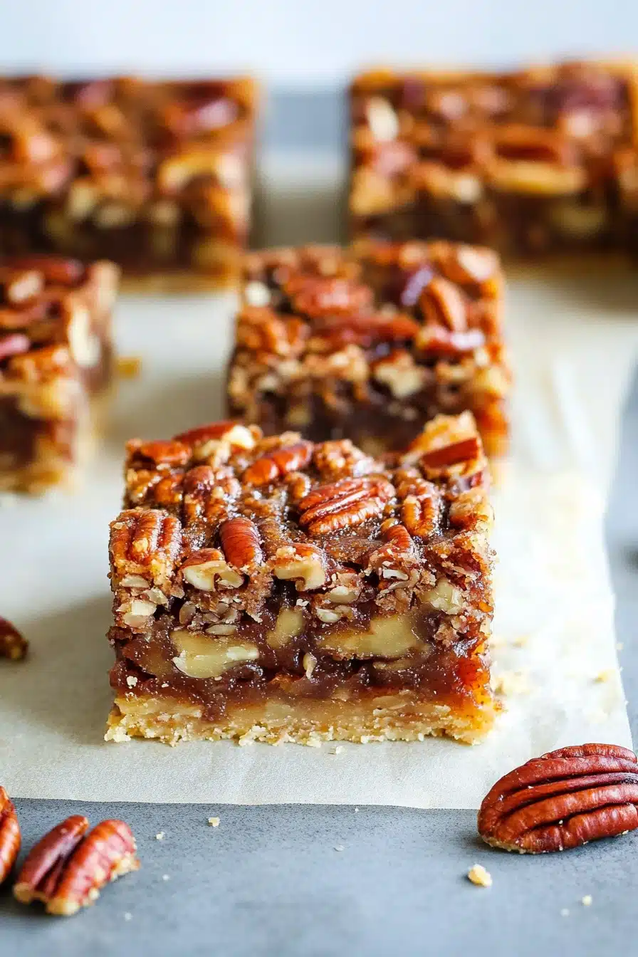 Plated pecan pie bars served with coffee