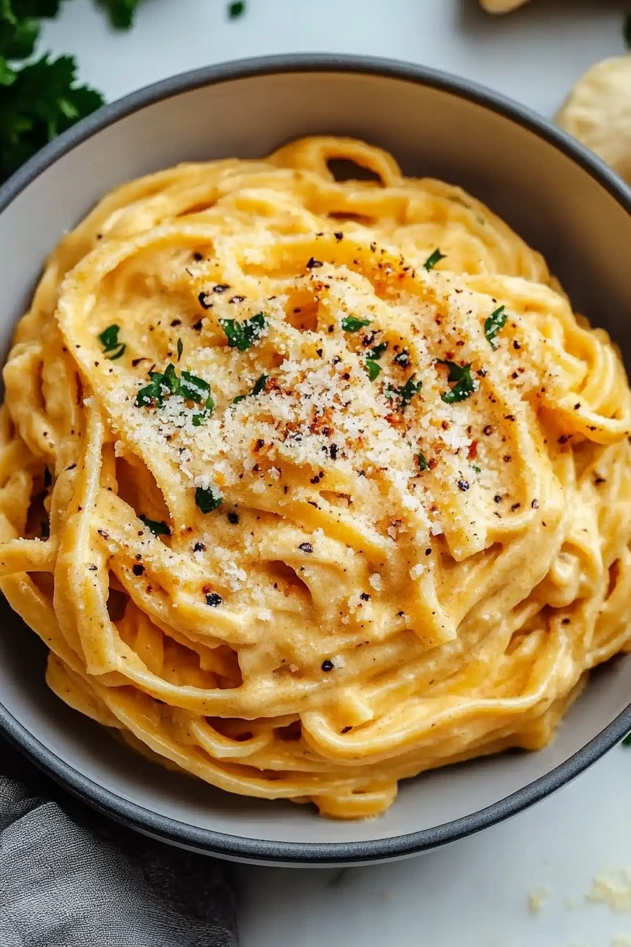 Pumpkin alfredo pasta ingredients on marble surface