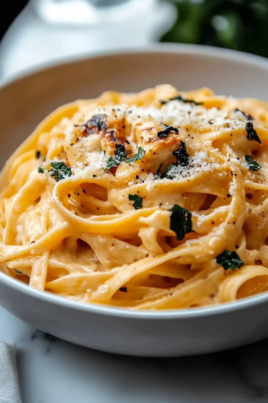 Bowl of pumpkin alfredo pasta served warm with steam rising