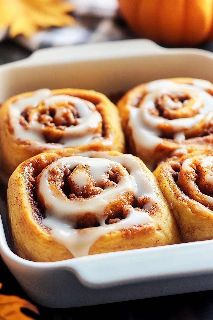 Plated pumpkin cinnamon rolls served warm with frosting