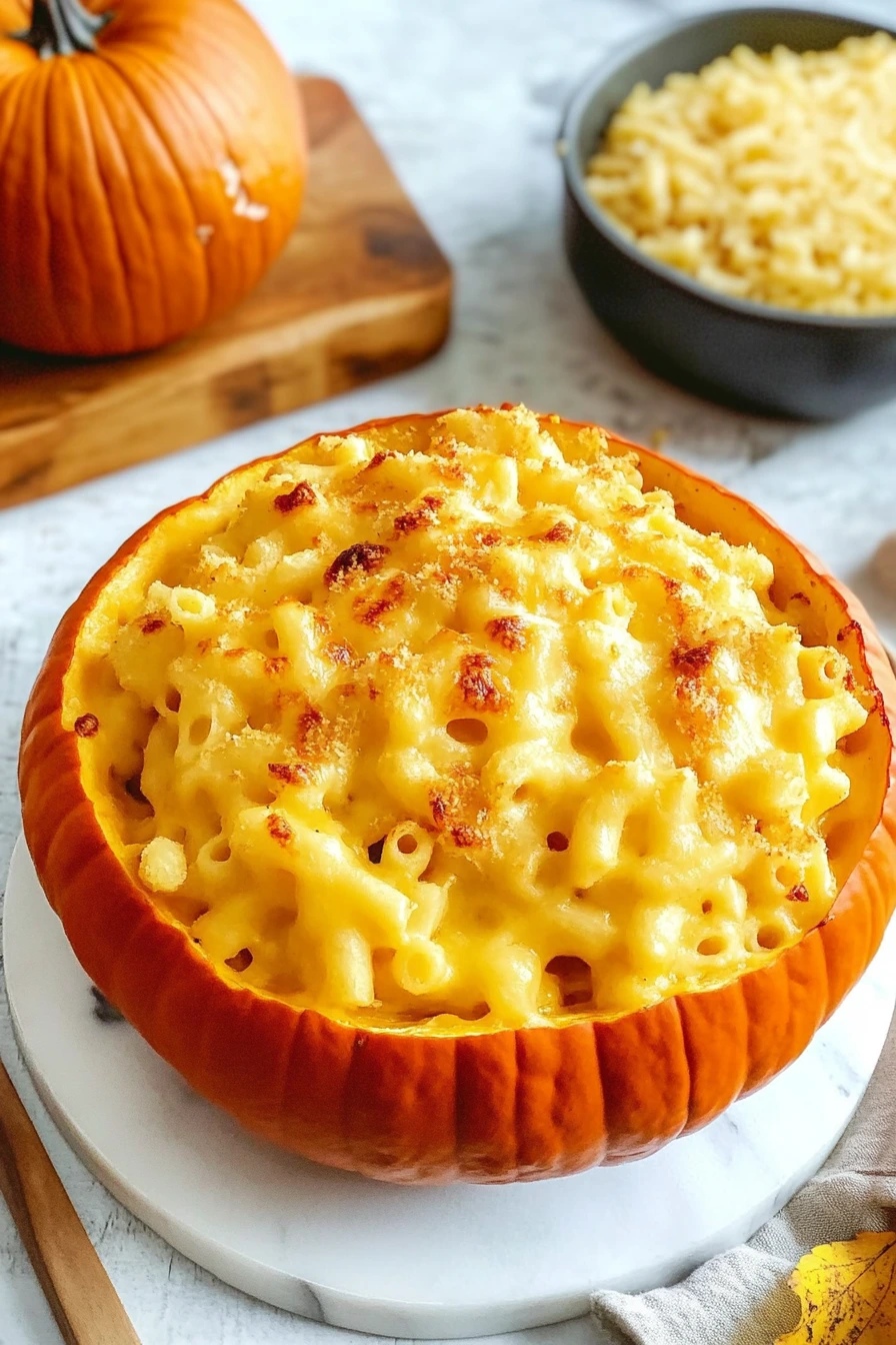 Served bowl of creamy pumpkin mac and cheese on table