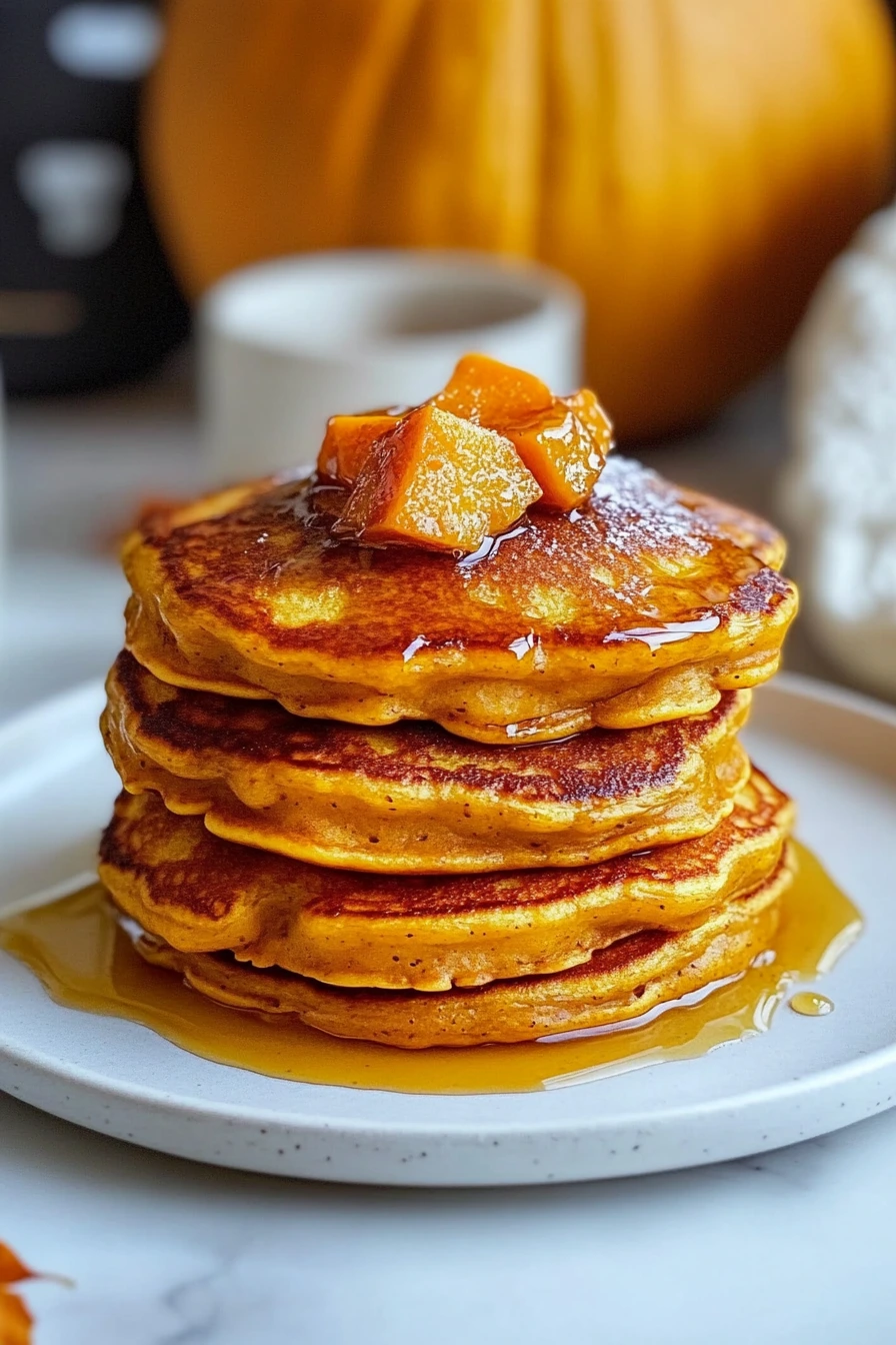 Plate of pumpkin pancakes served warm with butter and syrup