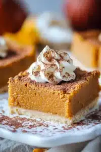 Serving plate with pumpkin pie bars topped with whipped cream
