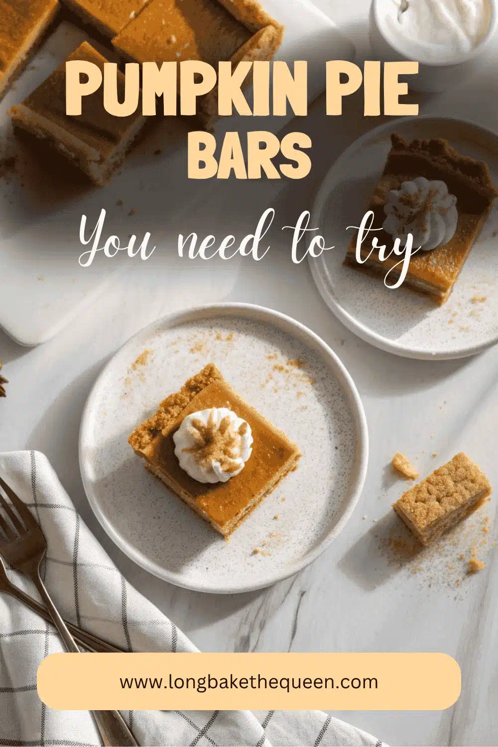 pumpkin pie bars Serving in plate topped with whipped cream