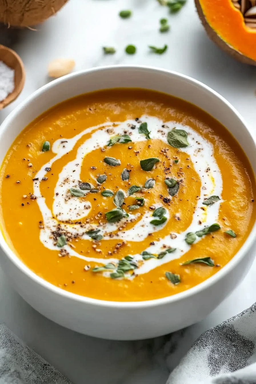 Served bowl of pumpkin soup coconut milk photographed in warm golden light.