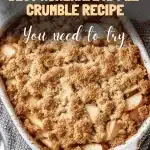 Golden baked apple crumble in a ceramic dish