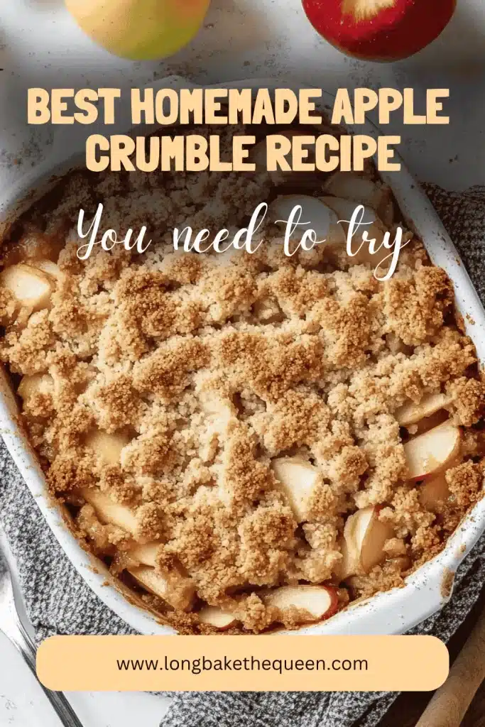 Golden baked apple crumble in a ceramic dish