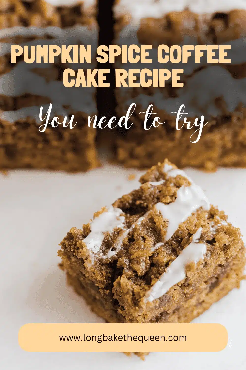 Freshly sliced pumpkin spice coffee cake on white plate