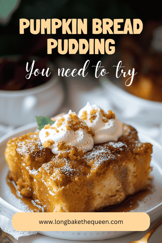 Warm pumpkin bread pudding with caramel drizzle on top