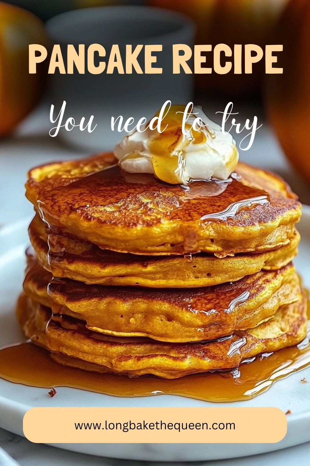Fluffy golden stack of pumpkin pancakes with syrup drizzle