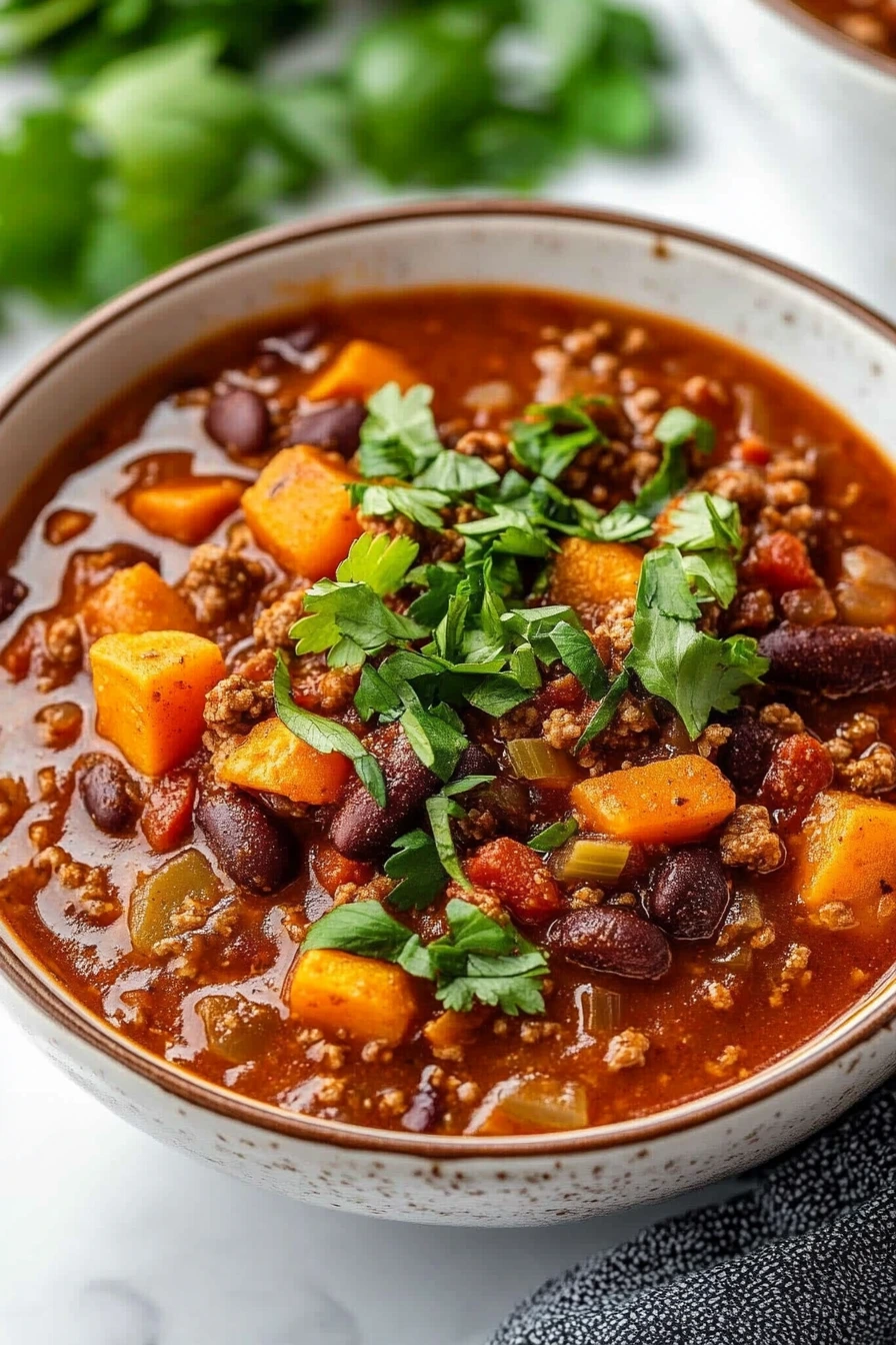 Serving of sweet potato chili on a rustic table