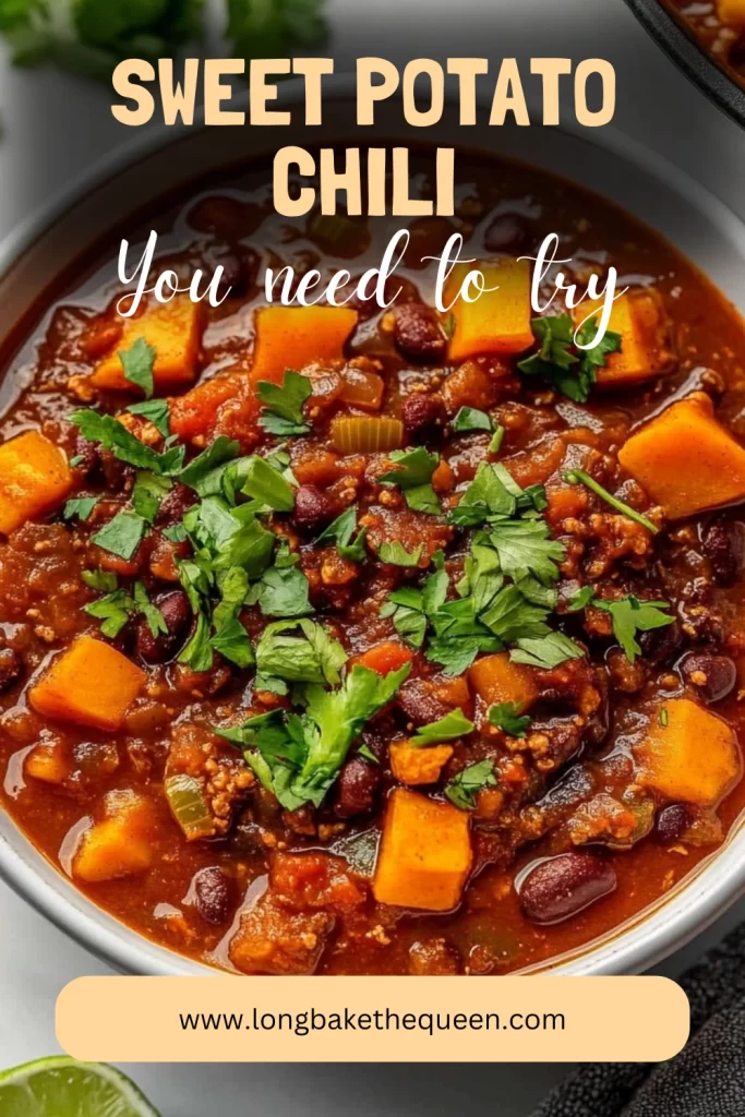 Bowl of hearty sweet potato chili with toppings and steam