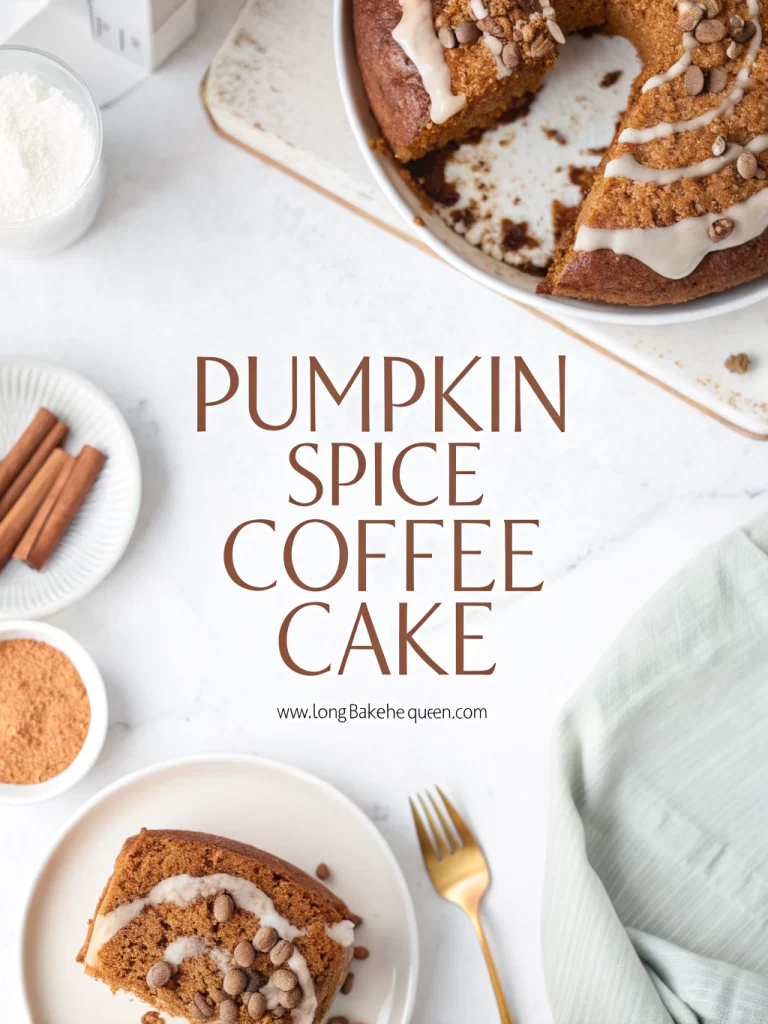 Freshly sliced pumpkin spice coffee cake on white plate