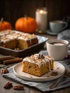 Slice of pumpkin spice coffee cake plated with cinnamon dust