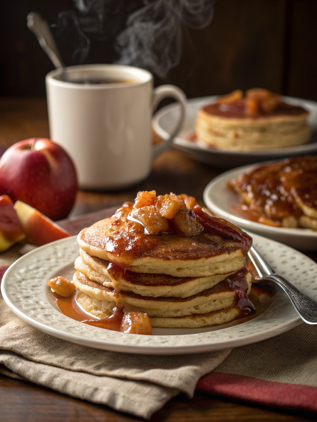 Warm apple butter pancakes served with syrup in a cozy setting.