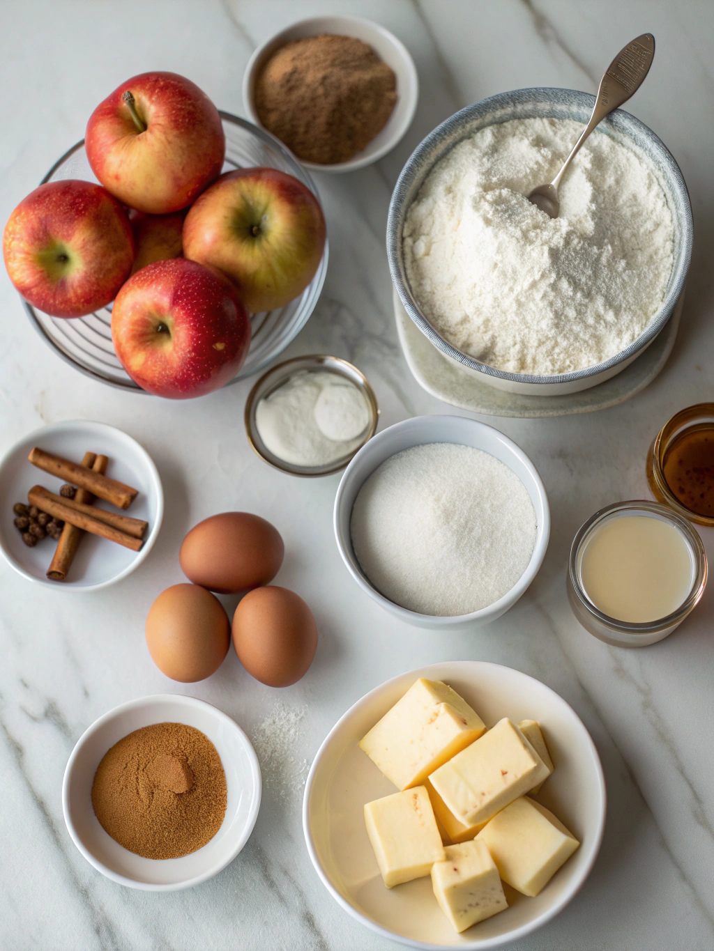 Flour, eggs, apple butter, and spices arranged for apple butter pancakes.