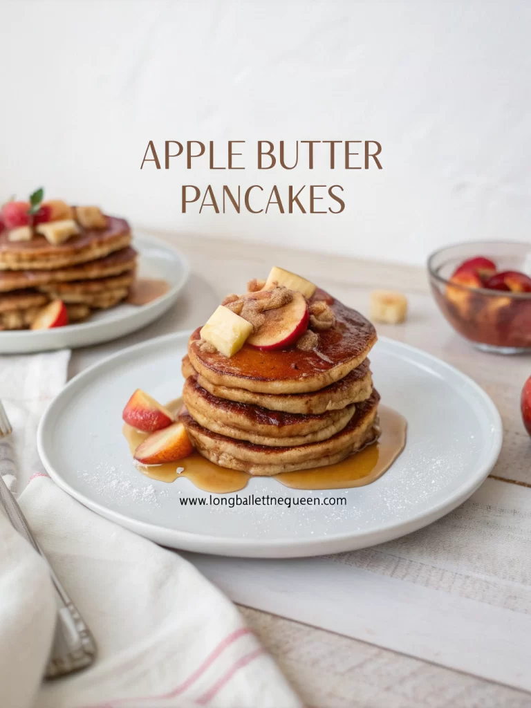 Stack of apple butter pancakes with drizzled syrup and butter on top.
