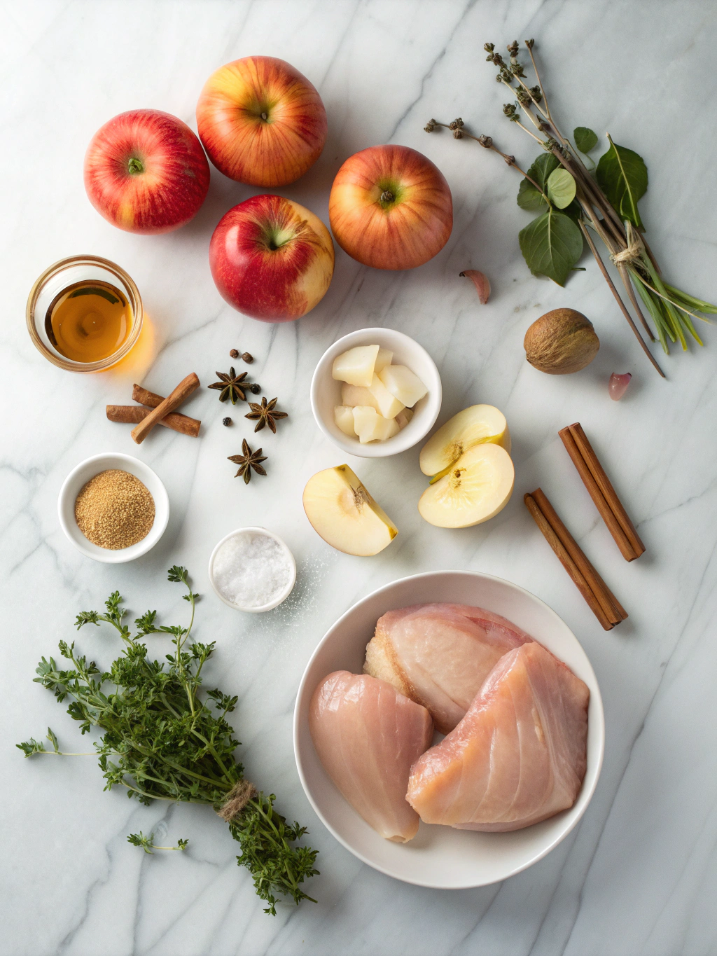 Flatlay of fresh apple cider chicken ingredients on marble board
