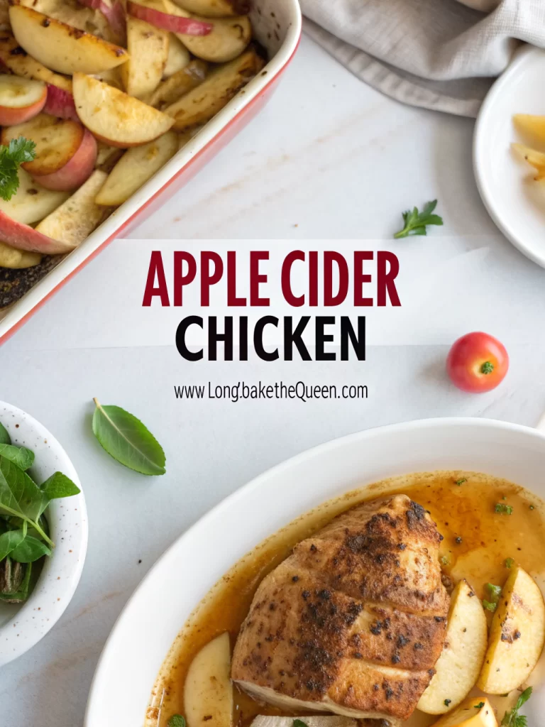 Overhead view of golden apple cider chicken served in pan