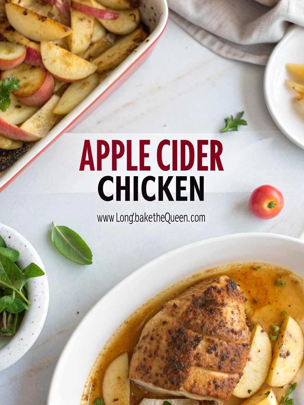 Overhead view of golden apple cider chicken served in pan